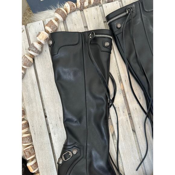 Knee Length Black Heeled Buckle Stud Zipper Boots - Picture 3 of 8